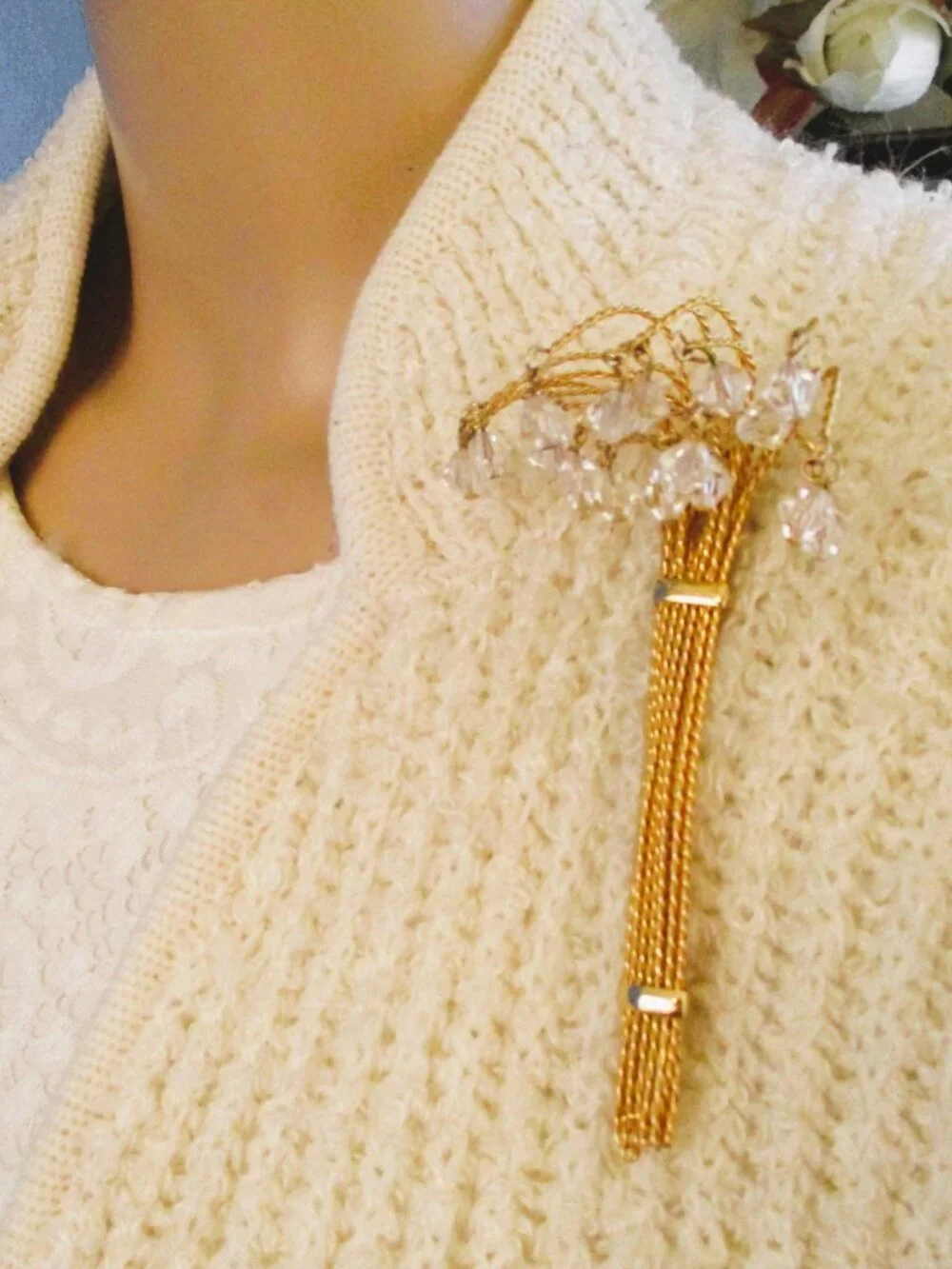 VINTAGE Fountain Spray Brooch: Gold Plate Crystal Dangle Statement Jewelry